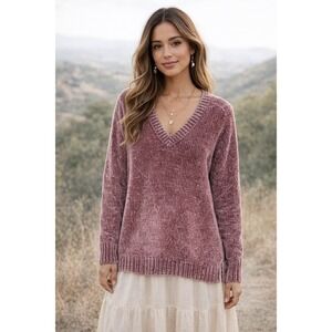 Orvis Women's Sweater Medium Dusty Rose Chenille Plush Knit V-Neck Pullover Cozy